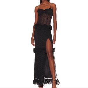 Majorelle Black Lace Ruffle Corset Maxi Dress